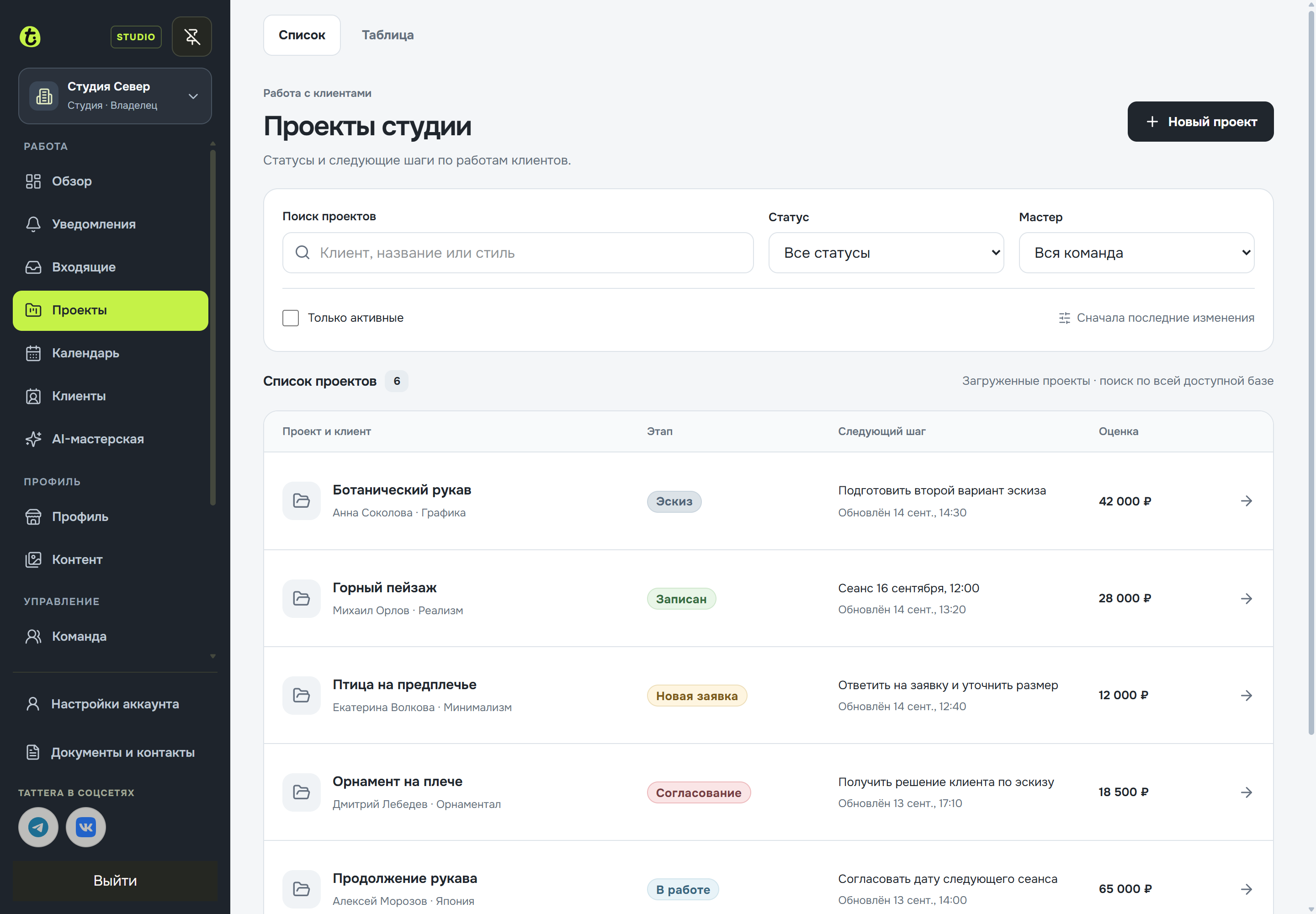 Реестр проектов студии TATTERA с вымышленными клиентами и проектами